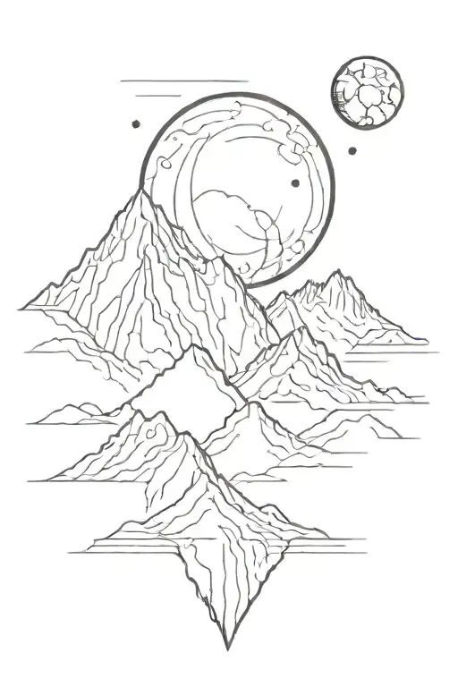 Single Mountain And Moon Surrounded By Straight Vertical Lines