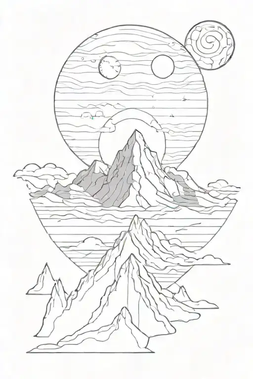 Single Mountain And Moon Surrounded By Straight Vertical Lines
