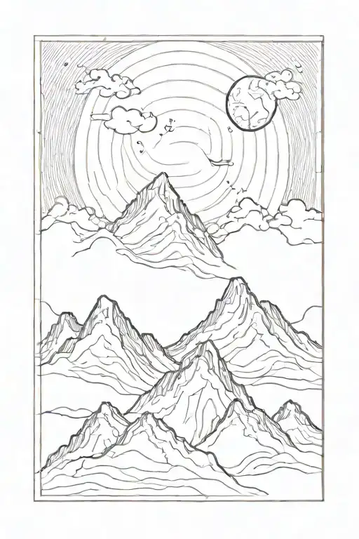 Single Mountain And Moon Surrounded By Straight Vertical Lines