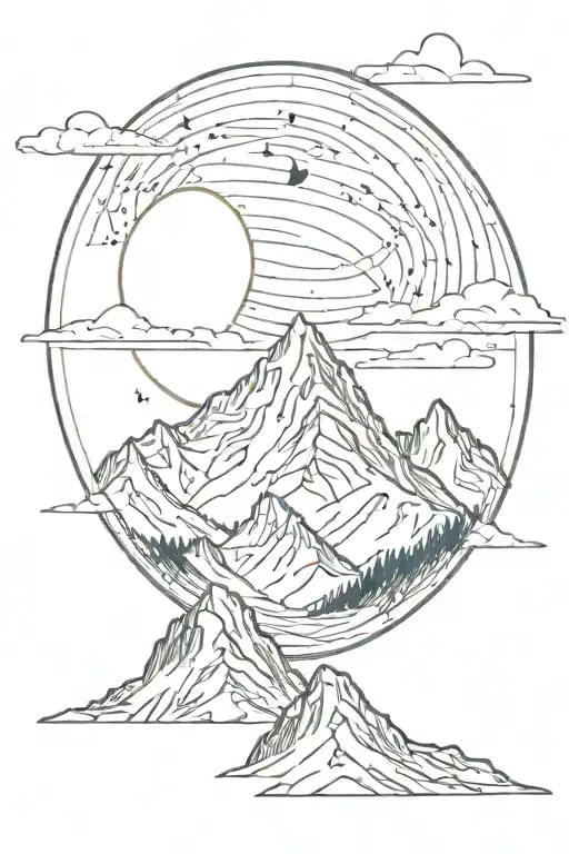Single Mountain And Moon Surrounded By Straight Vertical Lines