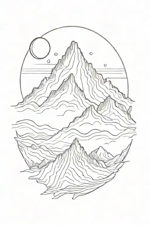 Single Mountain And Moon Surrounded By Straight Vertical Lines