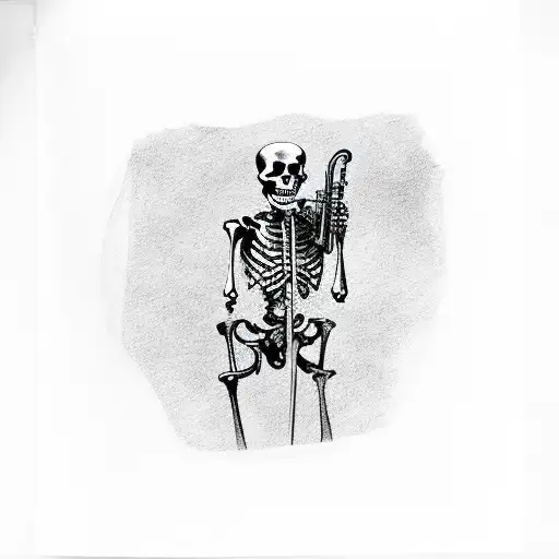 Melty Face Skeleton Sitting On A Car Door Playing A Saxophone