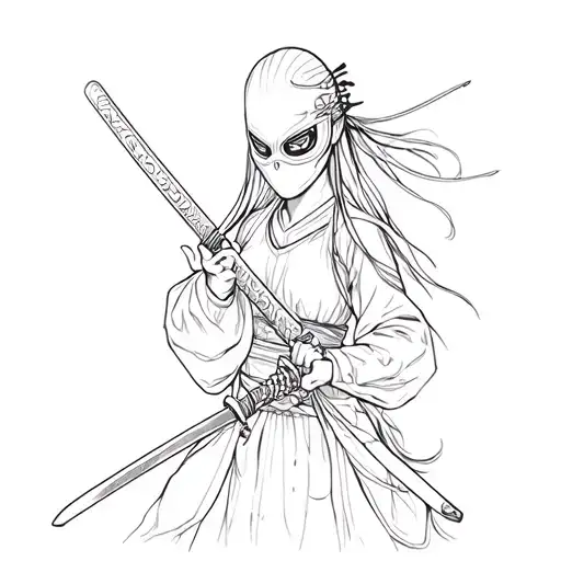 Girl With A Katana In Her Hands In A Mask Of Hanya