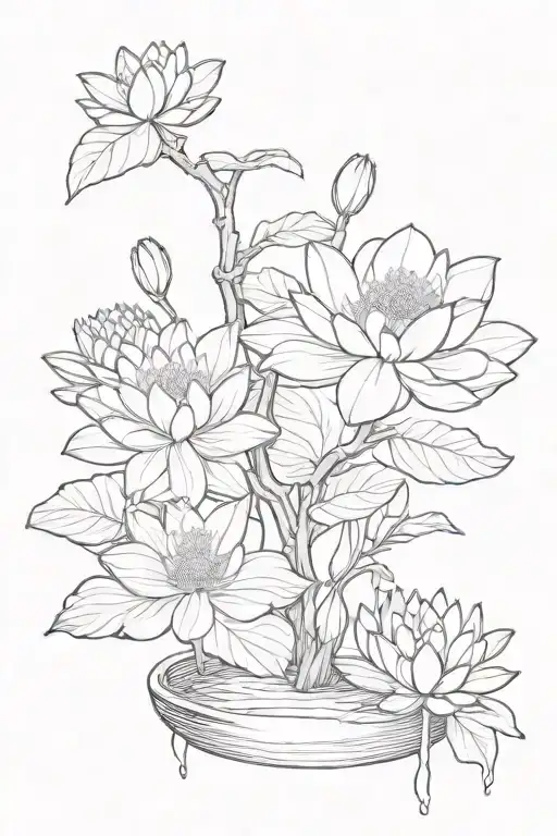 Bonsai Tree Lotus Flowers Water Lily Hibiscus With Waterfall