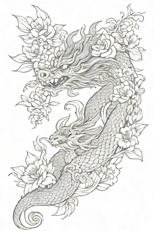 Asian Dragon And Flowers