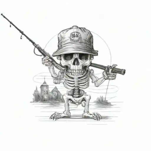 Skeleton Holding A Fishing Rod And And Beer In Wearing Ball Cap