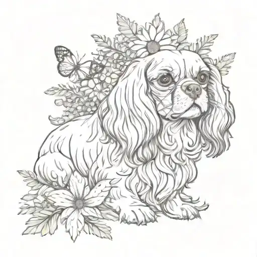 Cavalier King Charles Spaniel With Lavender And Daisy And Butterfly
