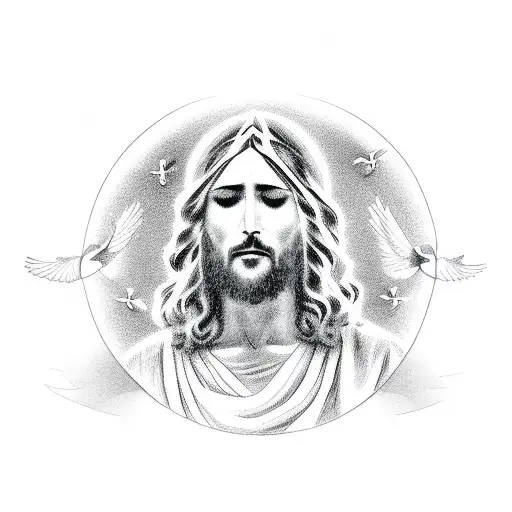 Jesus Face With Hands Open And Doves Flying