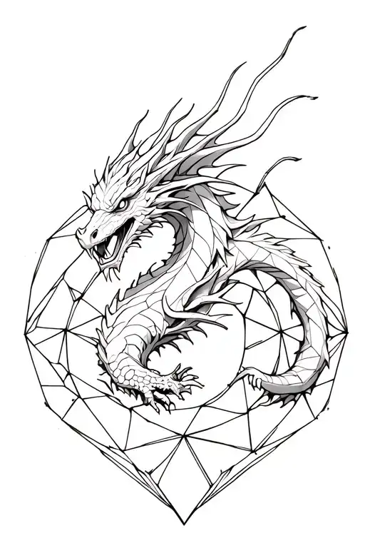 Geometric Tattoo Design Incorporating A Dragon Emerging
