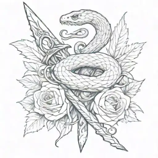 A Snake Wrapped Around A Dagger With Vines And Roses