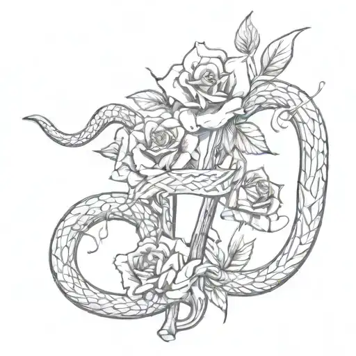 A Snake Climbing A Dagger With Vines And Roses Intertwined