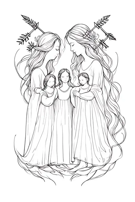 3 Arrows Representing Children Surrounded By Figure Representing Mother