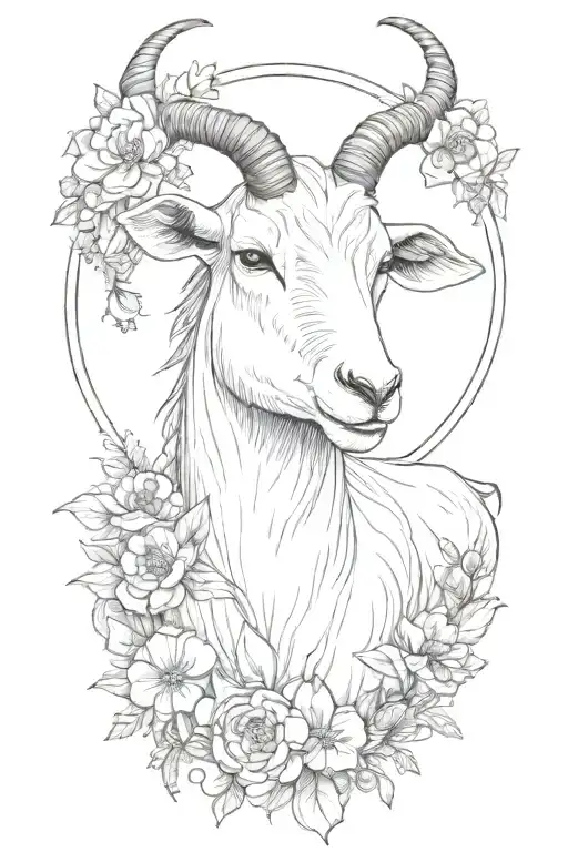 A Feminine Face Goat In A Circle With Flowers Coming For A Small Flash