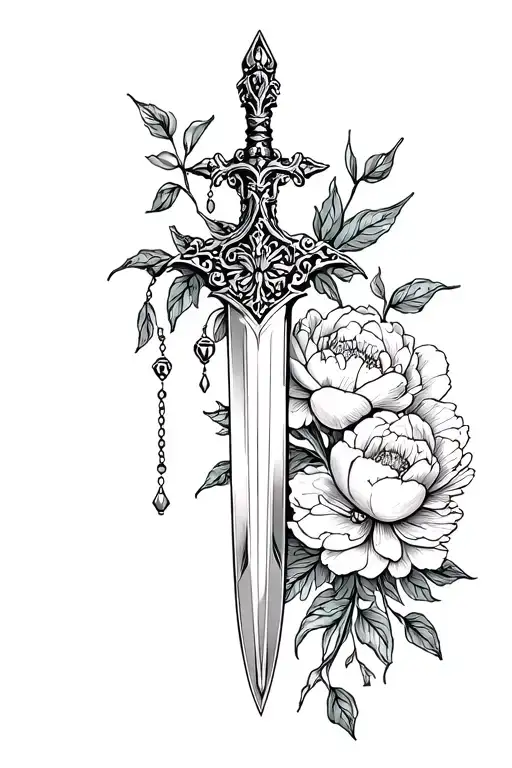 Dagger With Rosary And Peonies Growing