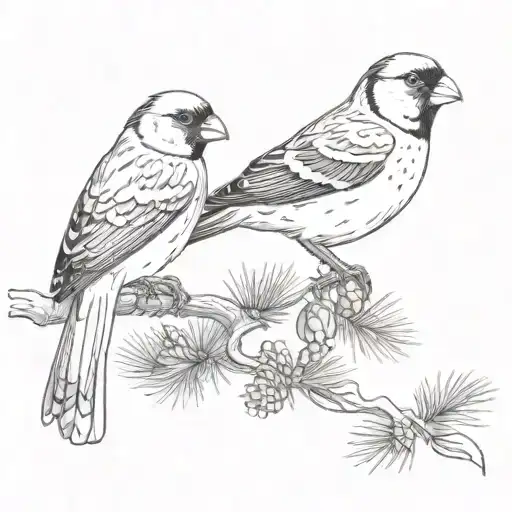 Ptarmigan And American Goldfinch Perched On A Evergreen Tree Branch