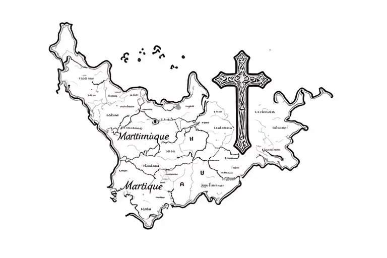 Martinique Map And Little Christian Cross Inlaid