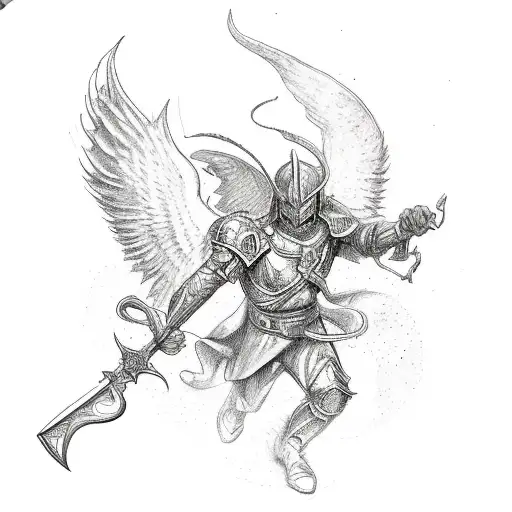 Archangel With Sword In The Air Killing Devil While Kneeling On Him