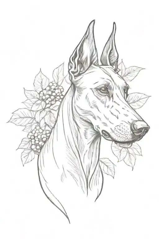 Doberman Head And Mulberry Tree And Flowers