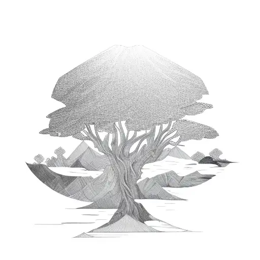 Landscape Linework Mountain Trees Sun Abstract Water Full Sleeve