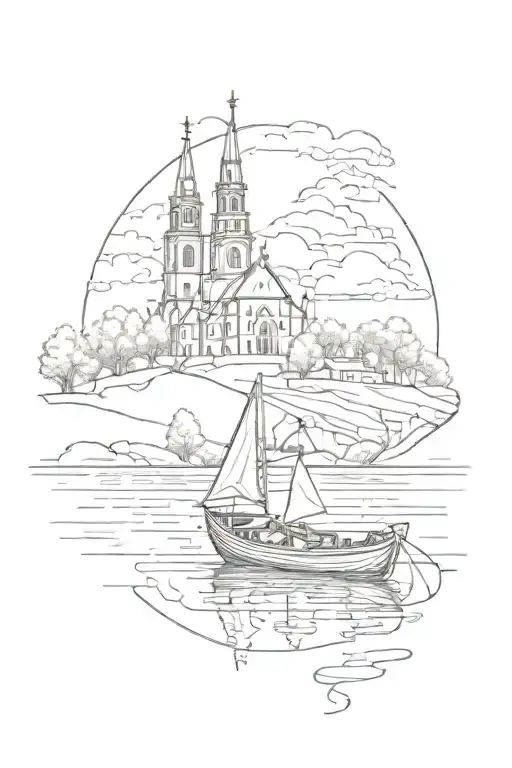 Small Boat On Lake With Church In Background