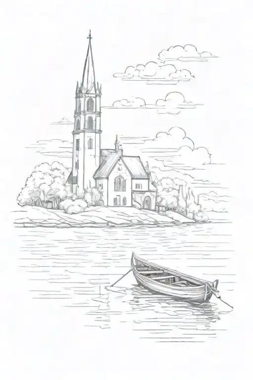Small Boat On Lake With Church In Background