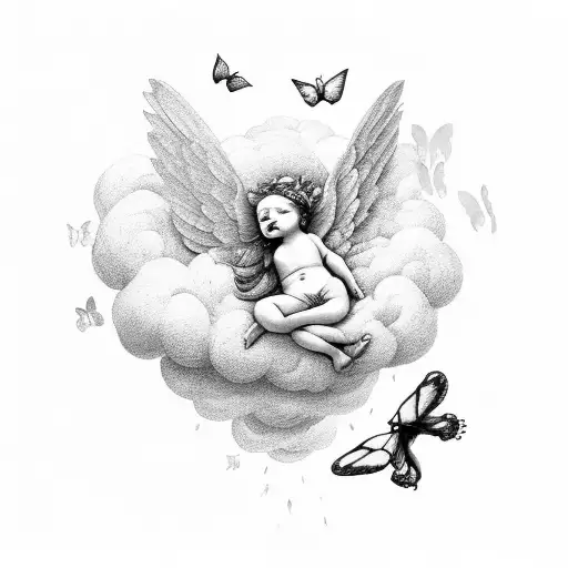 Cherub Sleeping On A Cloud With Butterflies
