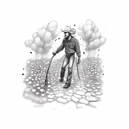 Sad Cowboy With Burning Flowers Walking Away