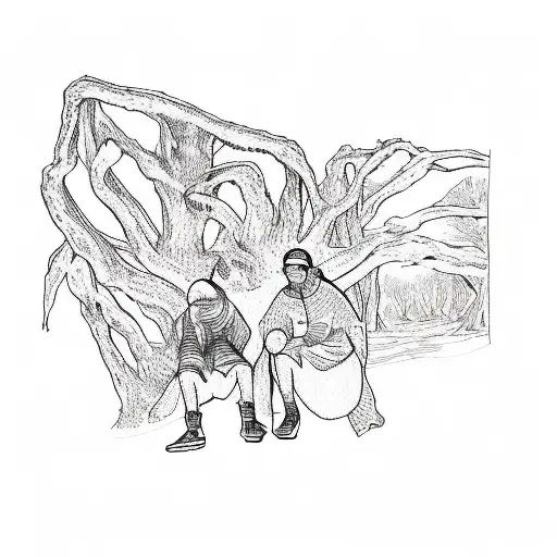 Three People Sitting On A Tree Stump