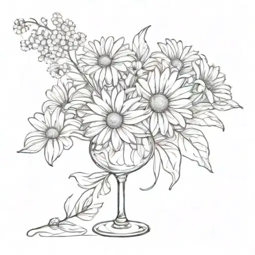 Empty Wine Glass And Daisy Flower Bouquet