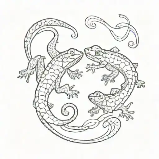 2 Baby Lizards Cute Small Black And White Swimming Alongside Each Other Minimalist Fineline