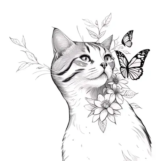 The Cat Sniffs Butterflies Surrounded By Twigs With Leaves And Flowers Romantic On The Neck