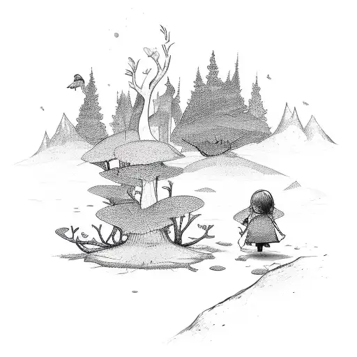 A Sketch-style Illustration Of A Father And Child Exploring A Magical Forest Together