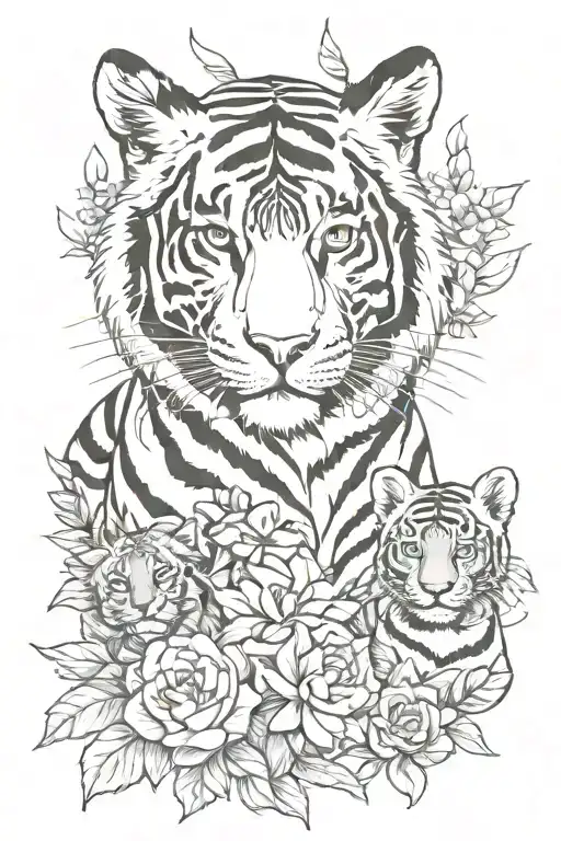 Tigress With Two Cubs And Flowers