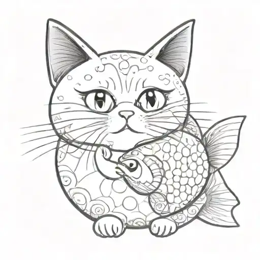 A Black Cartoon Cat With Wide Eyes Snuggling A Big Plushy Fish