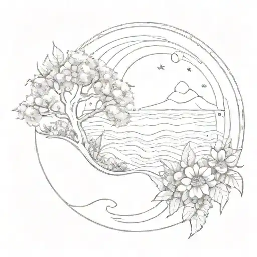 Sun Moon Trees Waves Flowers