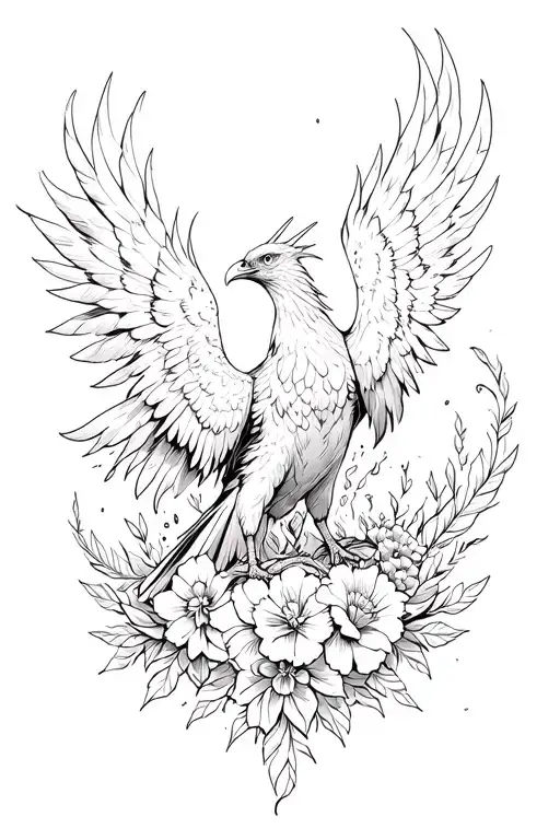 Phoenix Rushing From Ashes With Flowers And Feathers