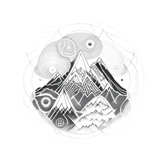 An Intricate Blackwork Design Featuring Disc Golf Discs Arranged In The Shape Of Mountains