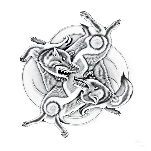 2 Wolves Fighting Yin Yang 3D