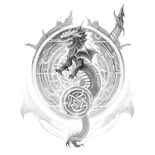 A Cybernetic Dragon With Glowing Nordic Runes Embedded In Its Body