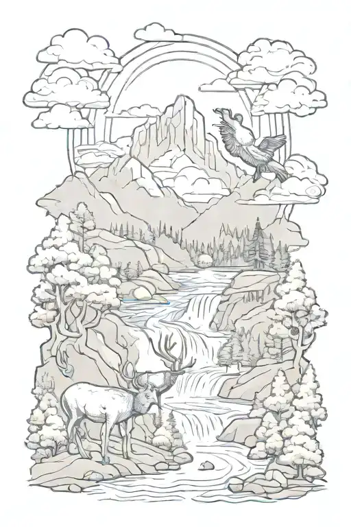 Sun Clouds Mountain Waterfall Trees Stream Deer Turkey Pheasants Trout