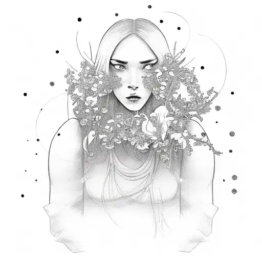 A Minimalist Sketch Of A Strong Woman Warrior Surrounded By Flowers