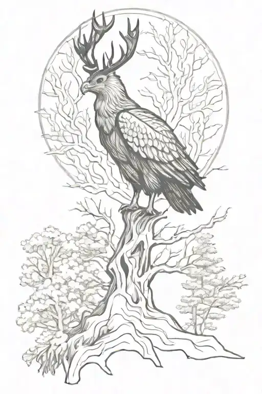 Eagle Perched And Silhouette Of A Deer And Trees