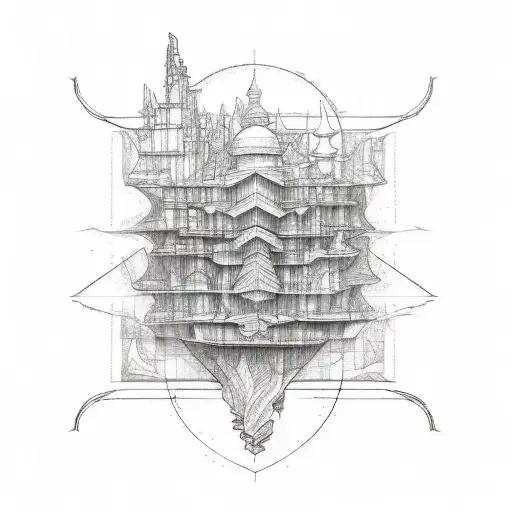 Sketch-style Tattoo Of An Architectural Blueprint Incorporating Elements Of The Ocean
