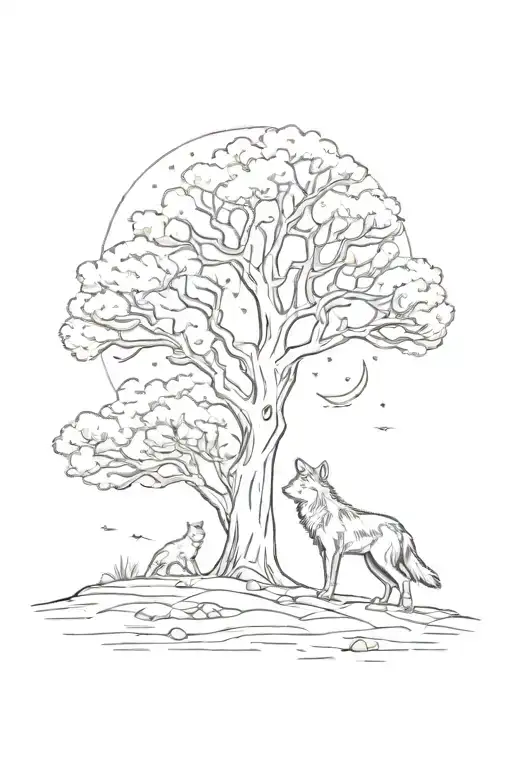 A Small Wolf Under A Big Tree Under The Moonlight In The Silence And Peace Of The Night