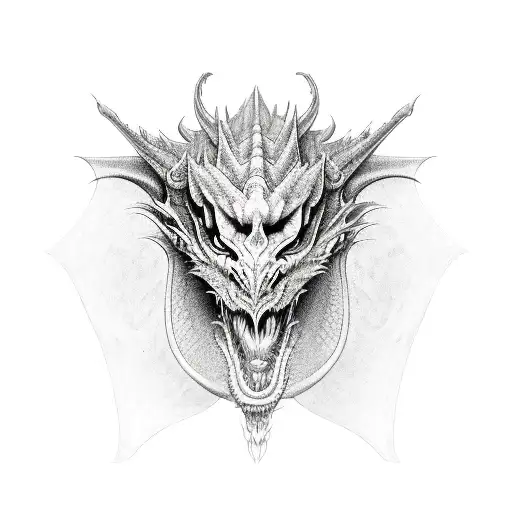 Full Dragon Near To Medusas Face And Near To Satan Tribal Mask