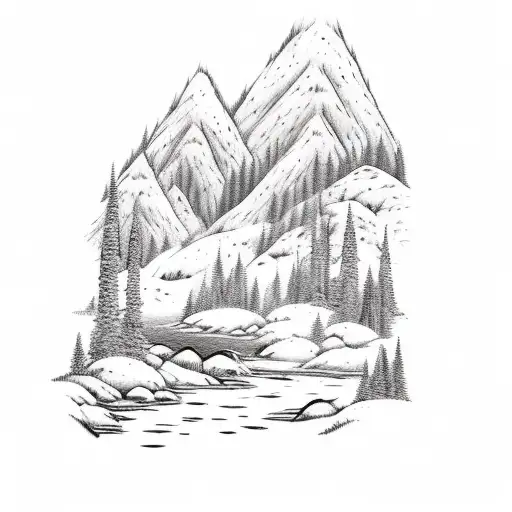 Family Of Bears In Front Of A Mountain Forest Scene With A River