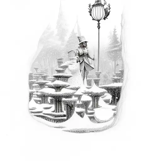 A Open Book One Page Has Narnia Lampost Scene Other Page Has Alice In Wonderland Scene