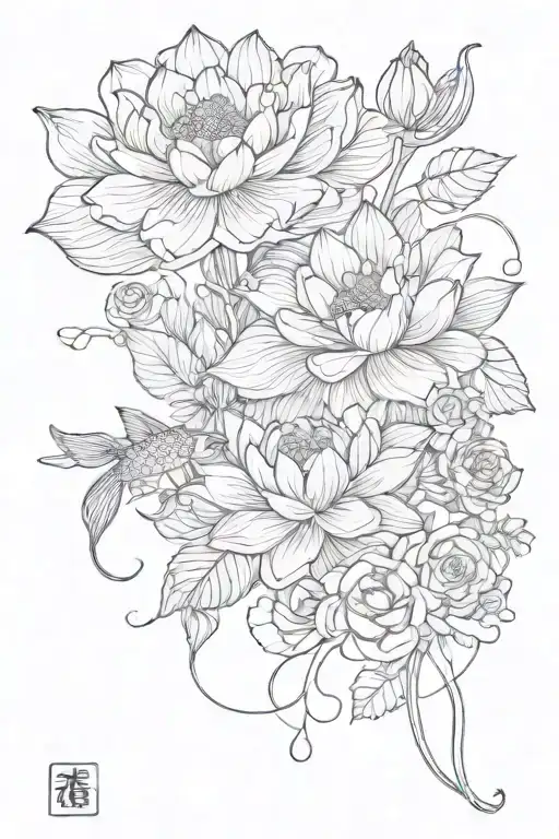 Lotus With Koi Fish With Butterflu With Turtle With Pion Roses