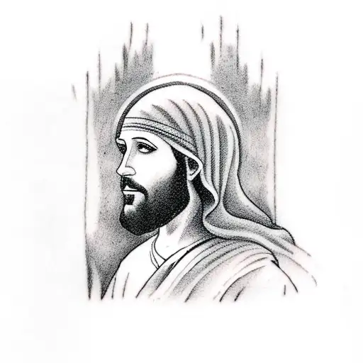 A Tattoo Of Jesus Christ Playing A Piano In A Serene Mountain Setting