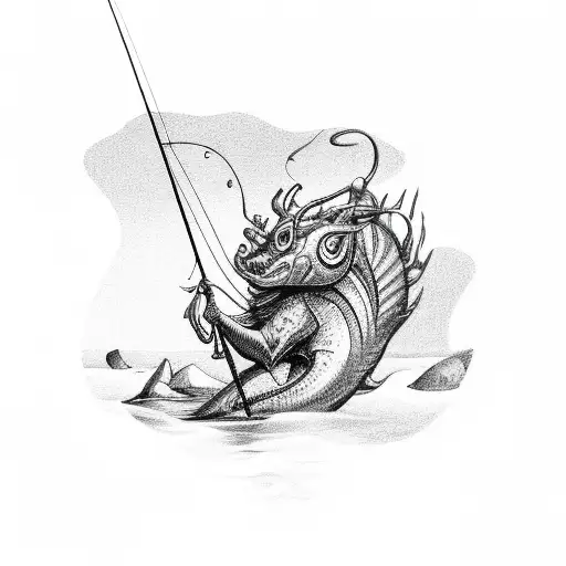 A Whimsical Sketch Of A Fishing Rod Transforming Into A Mythical Creature